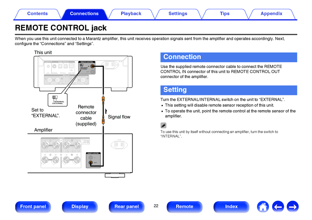 Marantz HD-DAC1 owner manual Remote Control jack, Connection, Setting 