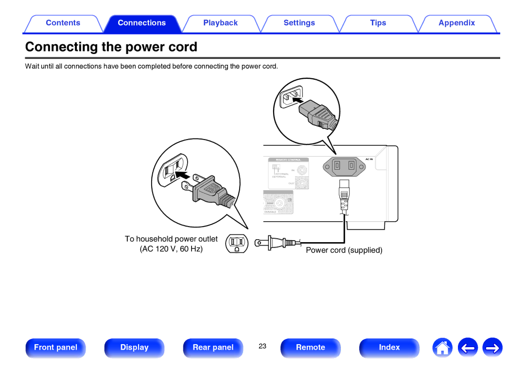 Marantz HD-DAC1 owner manual Connecting the power cord 