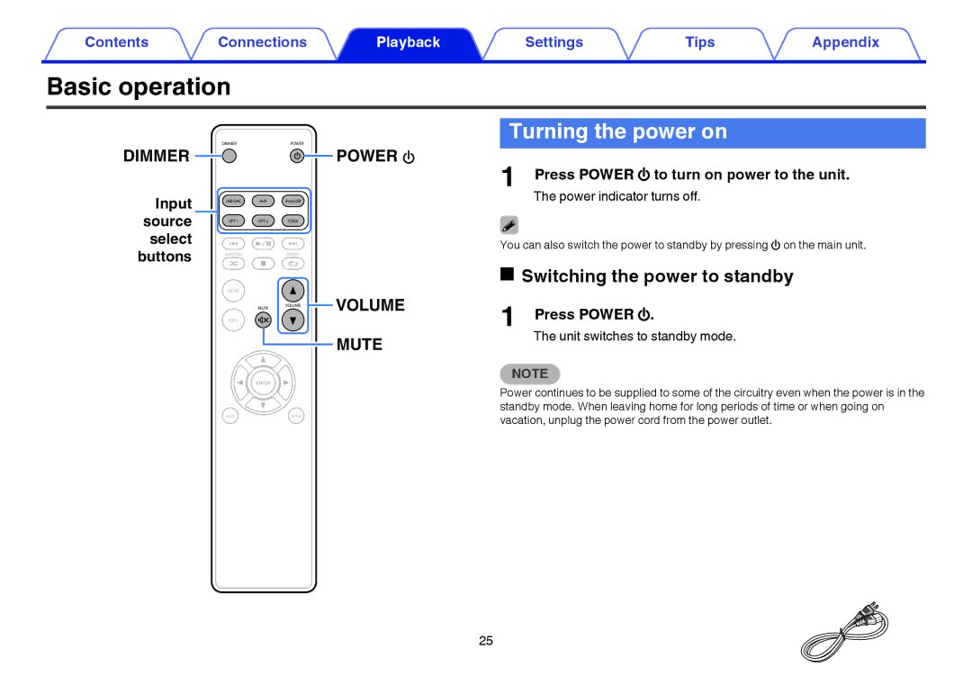 Marantz HD-DAC1 owner manual Basic operation, Turning the power on, Switching the power to standby 