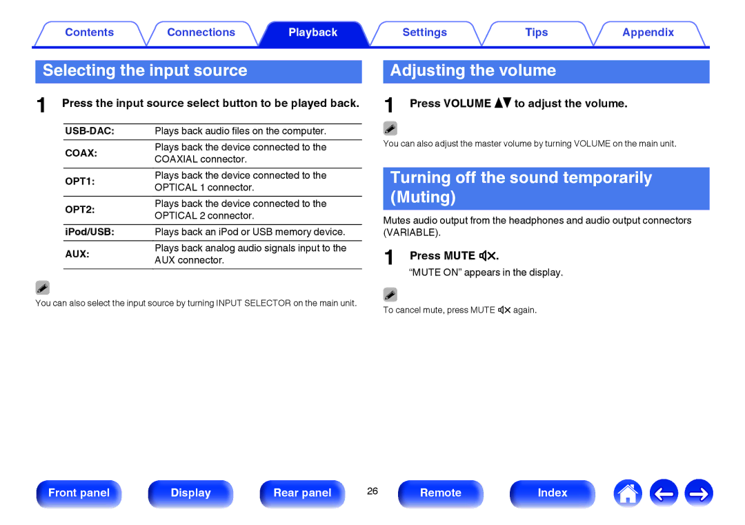 Marantz HD-DAC1 owner manual Selecting the input source, Adjusting the volume, Turning off the sound temporarily Muting 