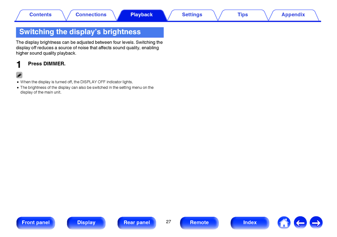 Marantz HD-DAC1 owner manual Switching the display’s brightness, Press Dimmer 
