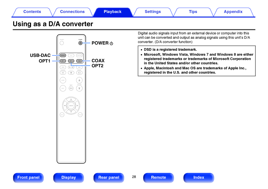 Marantz HD-DAC1 owner manual Using as a D/A converter, OPT2 