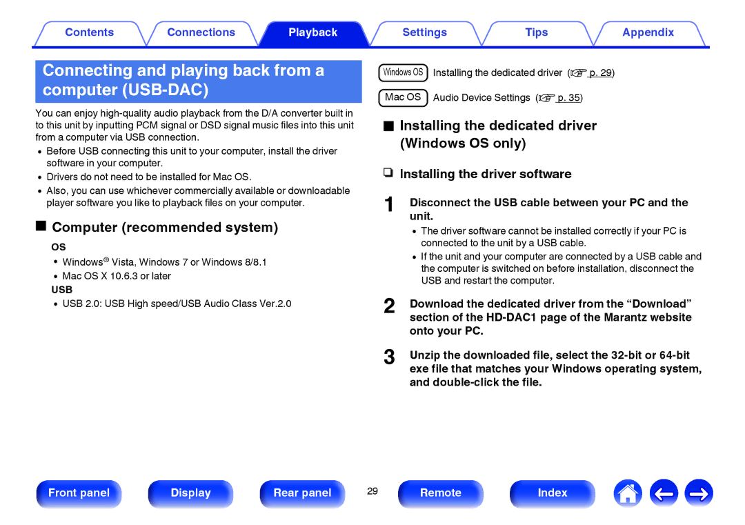 Marantz HD-DAC1 owner manual Connecting and playing back from a computer USB-DAC, Computer recommended system 