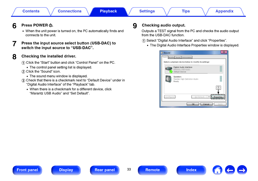 Marantz HD-DAC1 owner manual Press Power Checking audio output, Press the input source select button USB-DAC to 