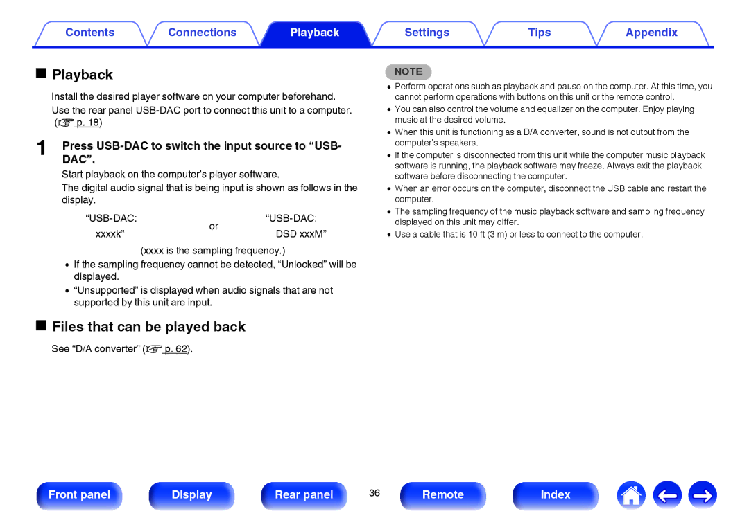 Marantz HD-DAC1 owner manual Playback, Files that can be played back, PressDAC.USB-DAC to switch the input source to USB 