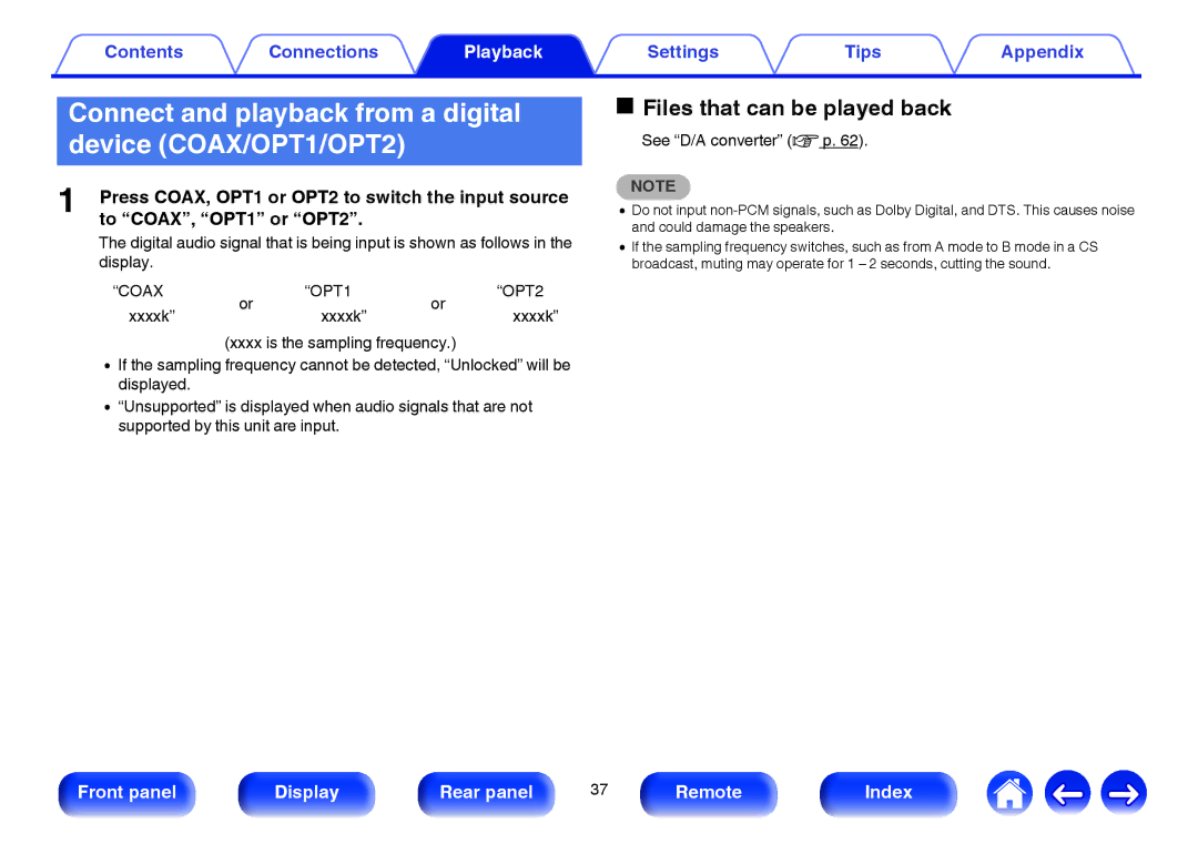 Marantz HD-DAC1 owner manual Connect and playback from a digital device COAX/OPT1/OPT2, Coax OPT1 OPT2 