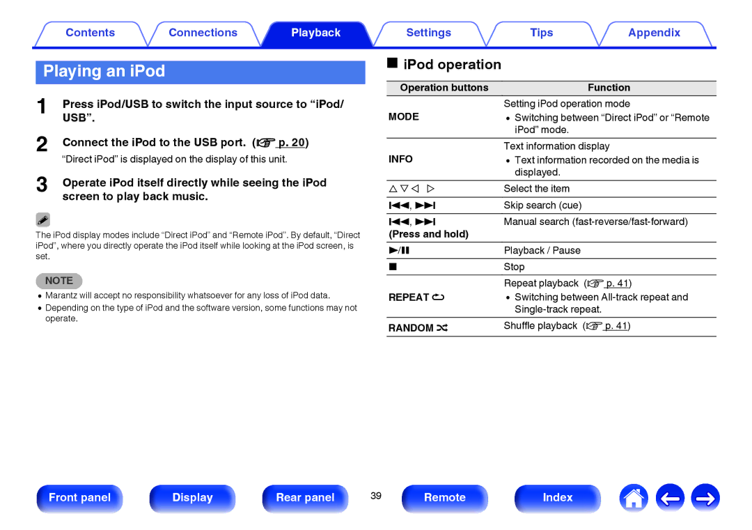 Marantz HD-DAC1 owner manual Playing an iPod, IPod operation, Operation buttons Function, Press and hold 