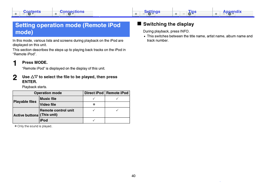 Marantz HD-DAC1 owner manual Setting operation mode Remote iPod mode, Switching the display, Press Mode, This unit IPod 