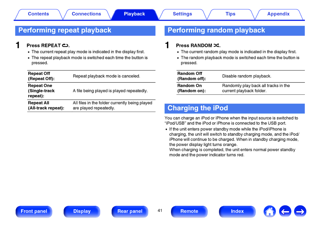 Marantz HD-DAC1 Performing repeat playback, Performing random playback, Charging the iPod, Press Repeat L, Press Random P 