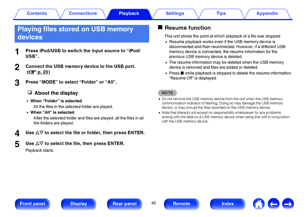 Marantz HD-DAC1 Playing files stored on USB memory devices, Resume function, When Folder is selected, When All is selected 
