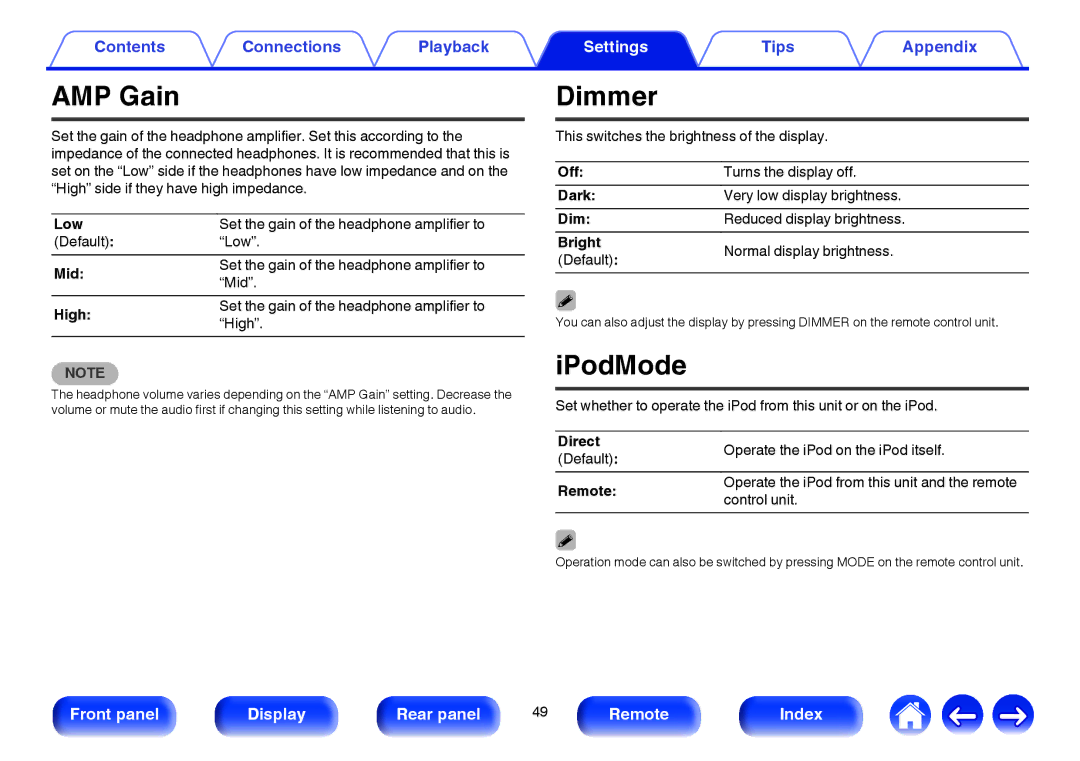 Marantz HD-DAC1 owner manual AMP Gain, Dimmer, IPodMode 