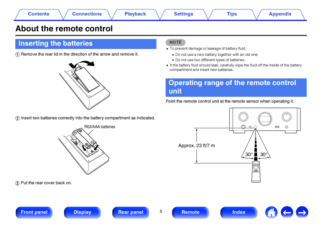 Marantz HD-DAC1 owner manual About the remote control, Inserting the batteries, Operating range of the remote control unit 