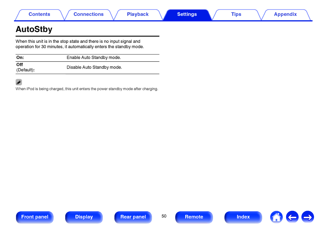 Marantz HD-DAC1 owner manual AutoStby, Enable Auto Standby mode, Off Disable Auto Standby mode Default 