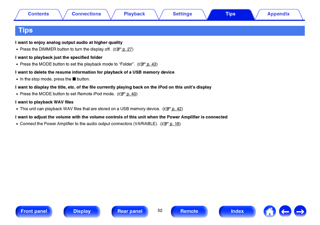 Marantz HD-DAC1 Tips, Want to enjoy analog output audio at higher quality, Want to playback just the specified folder 