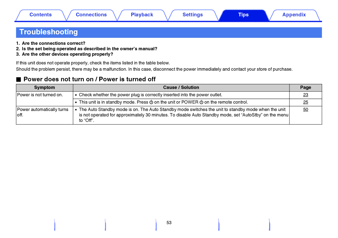 Marantz HD-DAC1 owner manual Troubleshooting, Power does not turn on / Power is turned off, Symptom Cause / Solution 