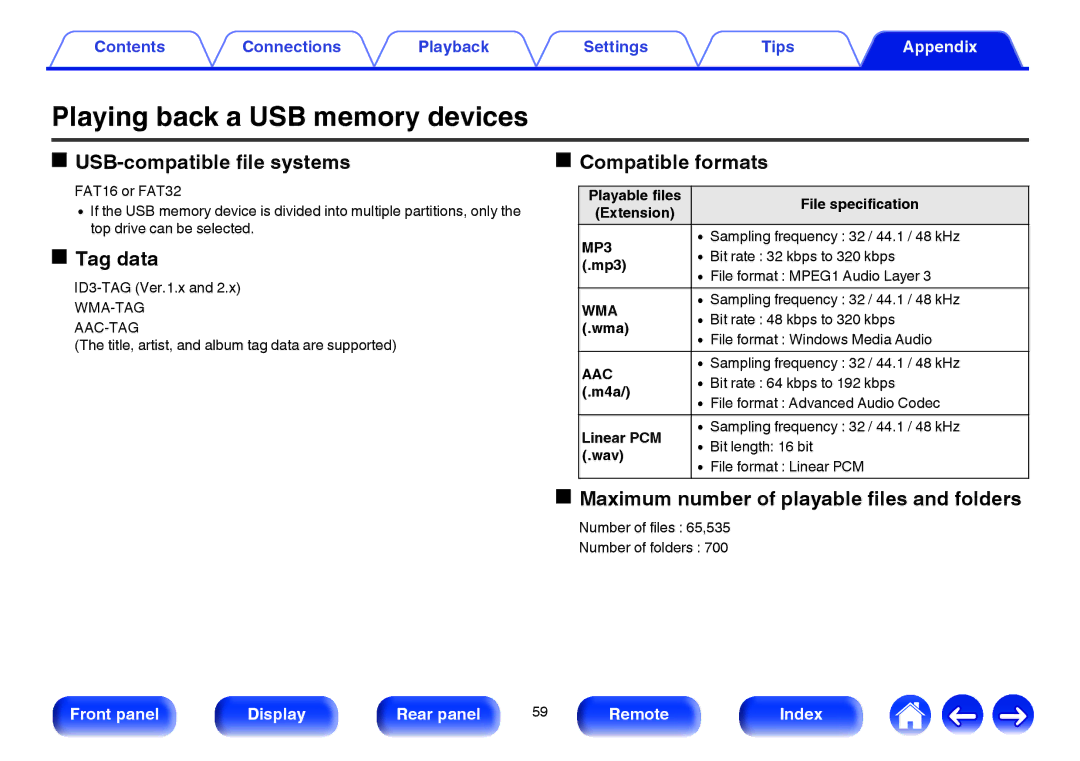 Marantz HD-DAC1 owner manual Playing back a USB memory devices, USB-compatible file systems, Tag data, Compatible formats 