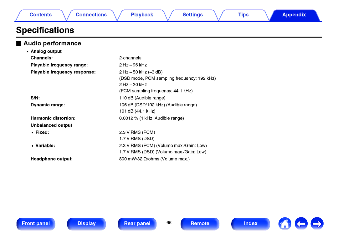 Marantz HD-DAC1 owner manual Specifications, Audio performance 