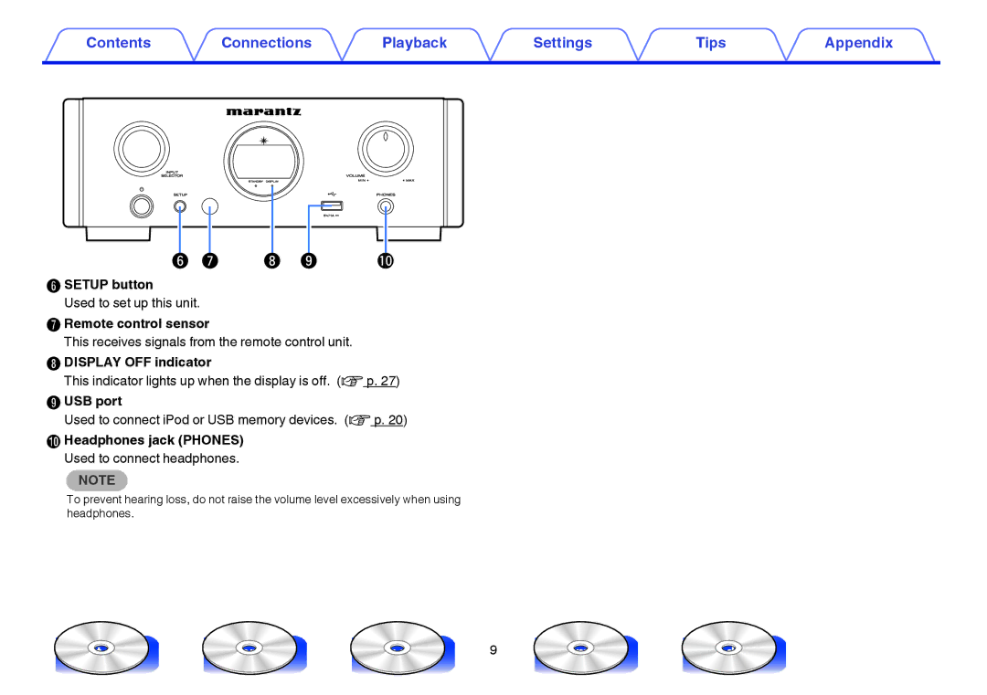 Marantz HD-DAC1 owner manual Setup button, Remote control sensor, Display OFF indicator, USB port, Headphones jack Phones 