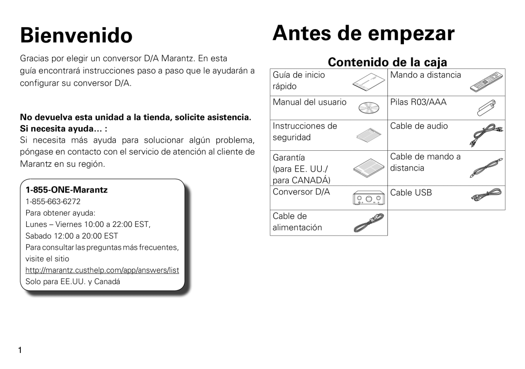 Marantz HD-DAC1 quick start Bienvenido, Antes de empezar, Contenido de la caja 