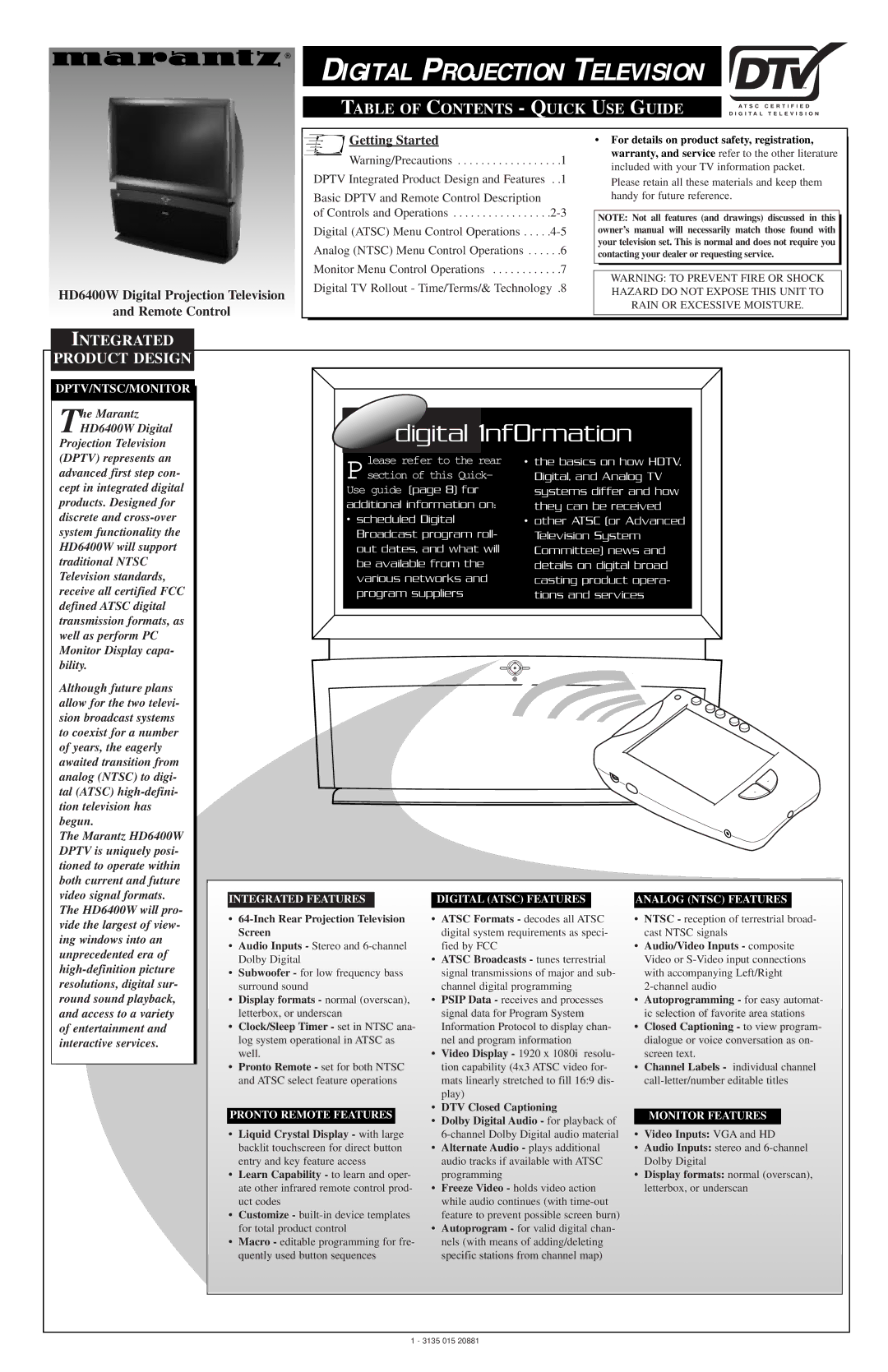 Marantz HD6400W warranty Table of Contents Quick USE Guide, Integrated Product Design 