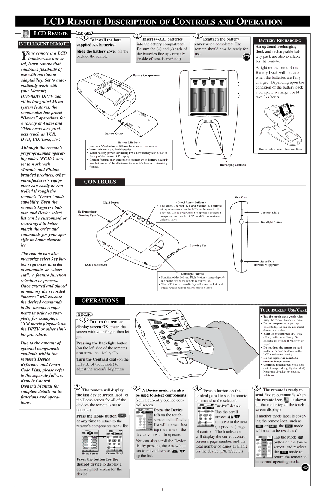 Marantz HD6400W warranty LCD Remote Description of Controls and Operation, Operations 