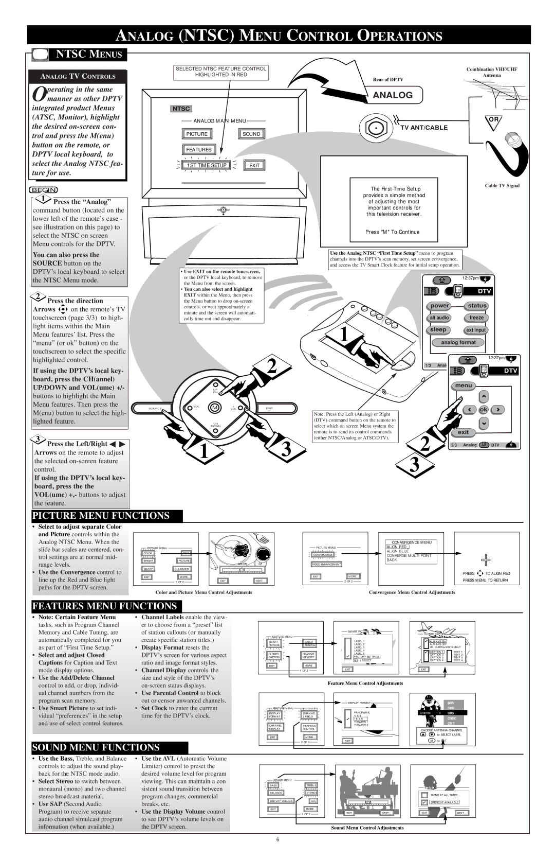 Marantz HD6400W warranty Analog Ntsc Menu Control Operations, Ntsc Menus, Press the direction, Press the Left/Right 