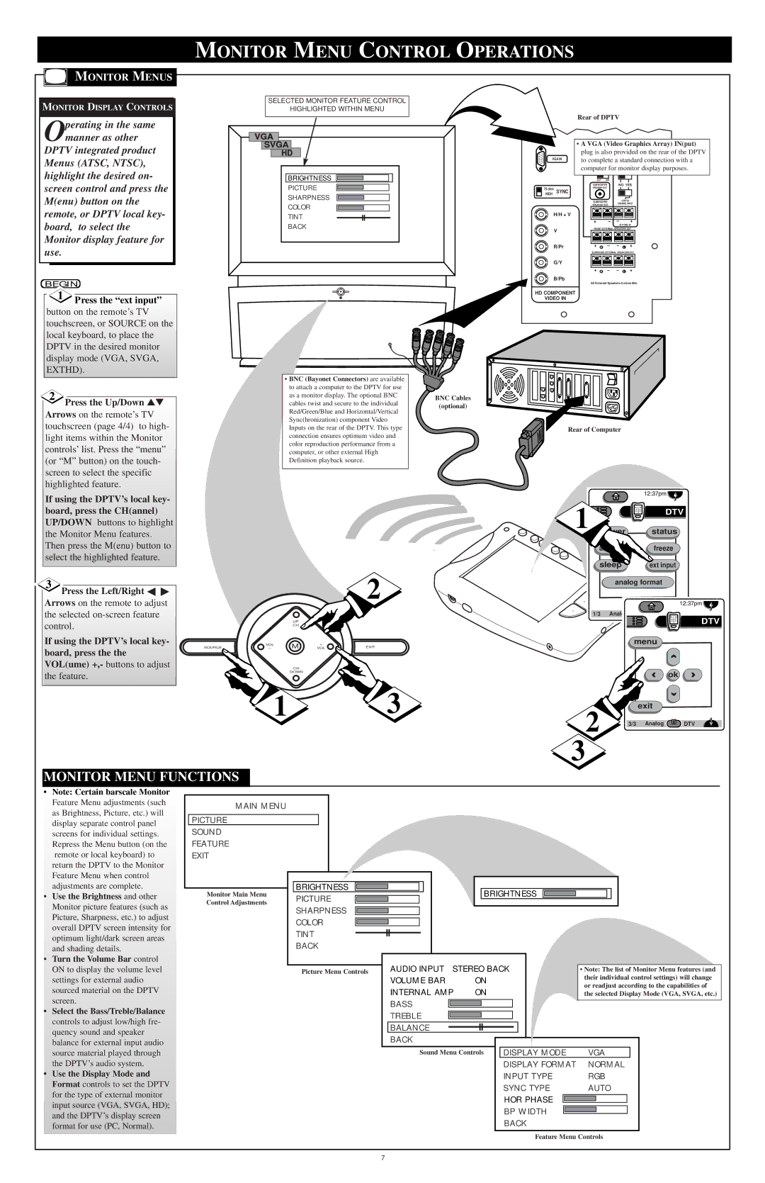 Marantz HD6400W Monitor Menu Control Operations, Monitor Menu Functions, If using the DPTV’s local key Board, press 