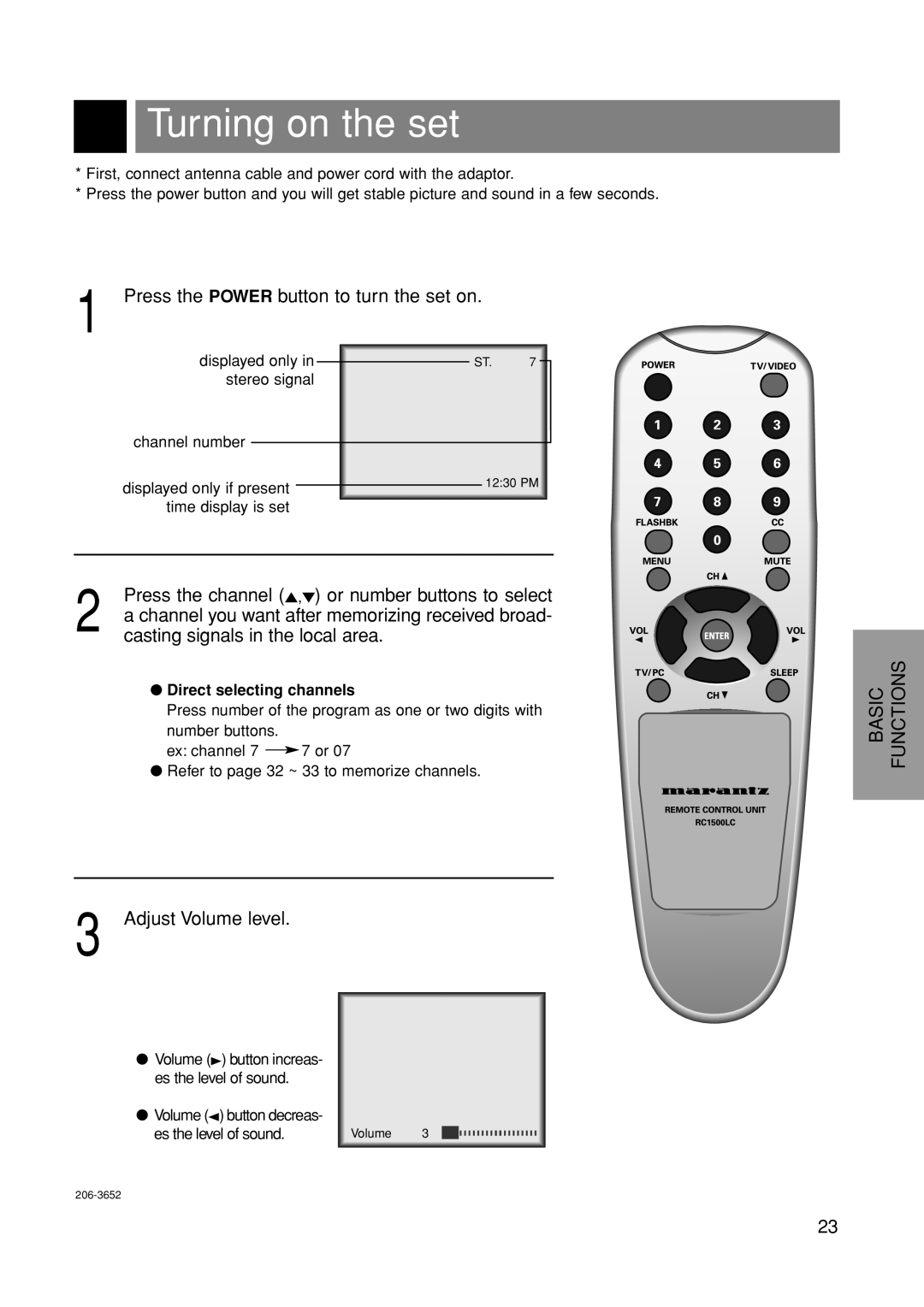 Marantz LC1500 manual Turning on the set 