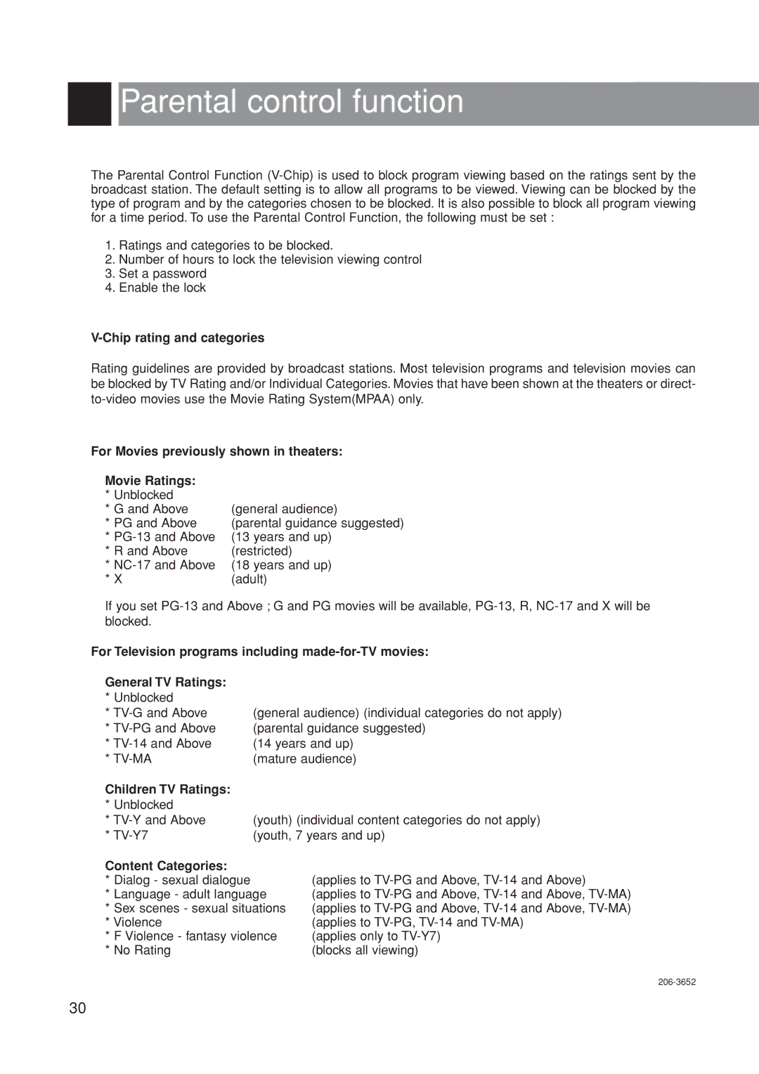 Marantz LC1500 manual Parental control function, Chip rating and categories 