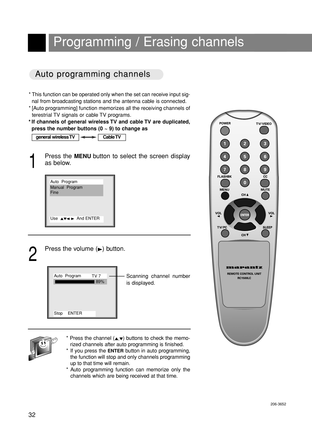 Marantz LC1500 manual Programming / Erasing channels, Auto programming channels, As below 