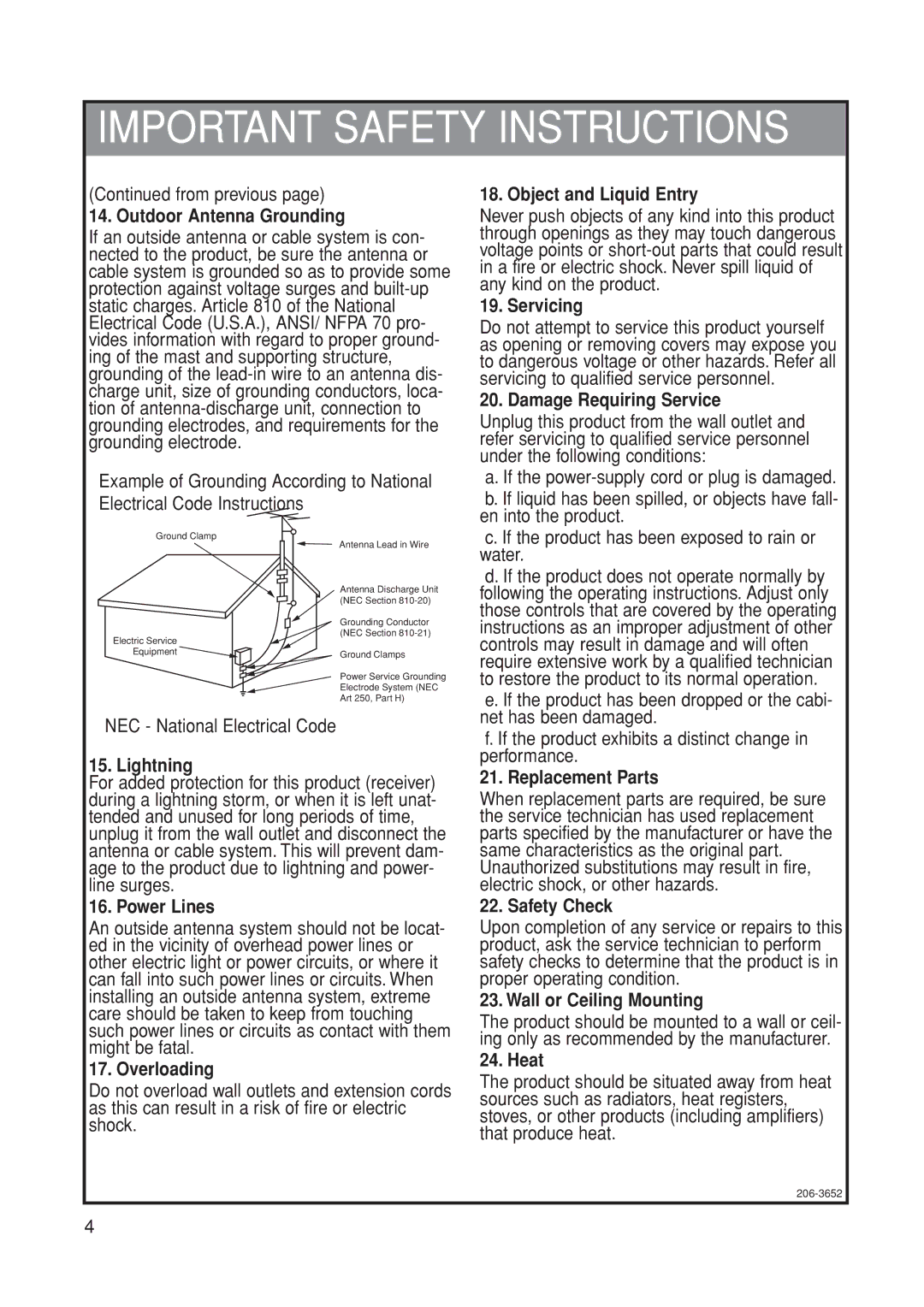 Marantz LC1500 manual From previous, NEC National Electrical Code 