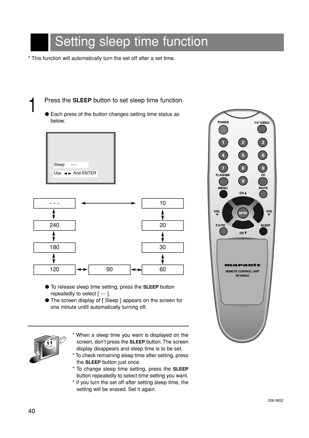 Marantz LC1500 manual Setting sleep time function, Press the Sleep button to set sleep time function 