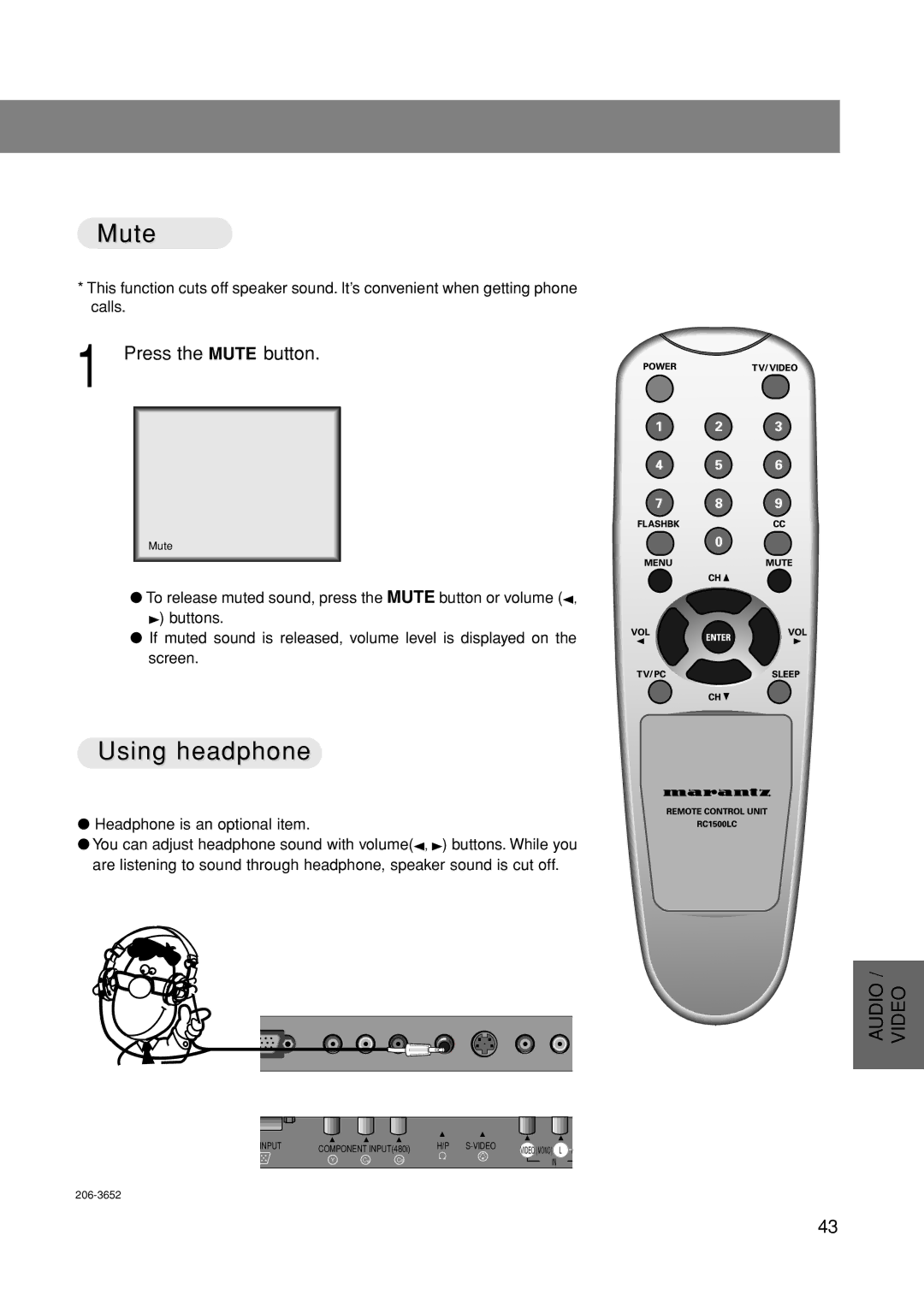 Marantz LC1500 manual Using headphone, Press the Mute button 