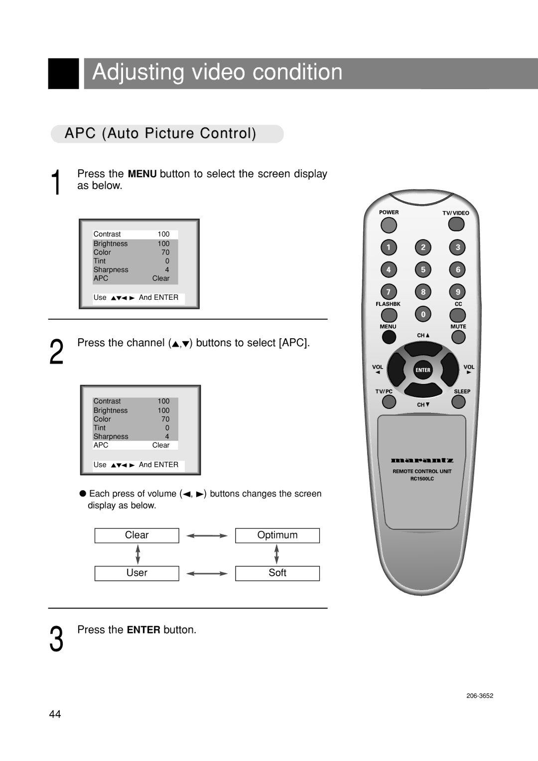 Marantz LC1500 manual Adjusting video condition, APC Auto Picture Control, Press the channel 5,∞ buttons to select APC 