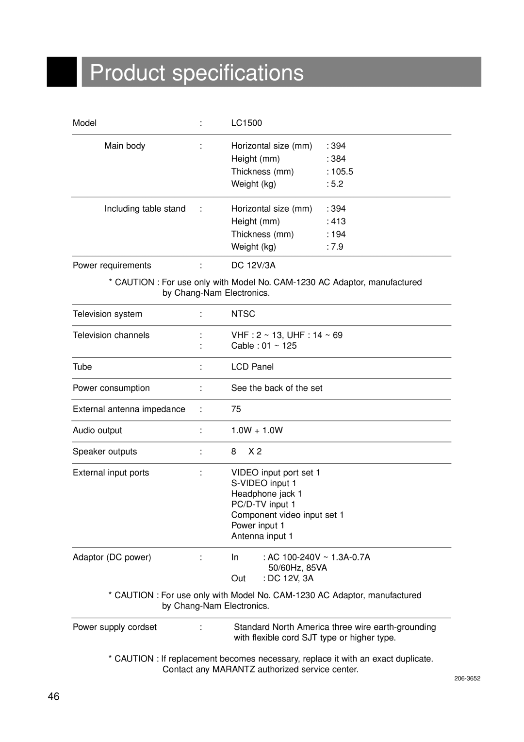 Marantz LC1500 manual Product specifications, Model 