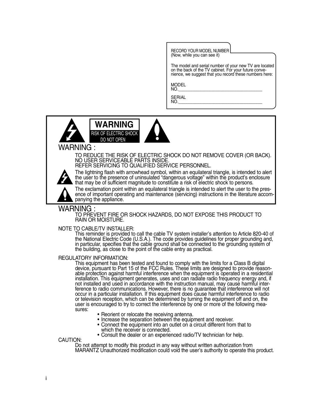 Marantz LC1510 manual Risk of Electric Shock Do not Open 
