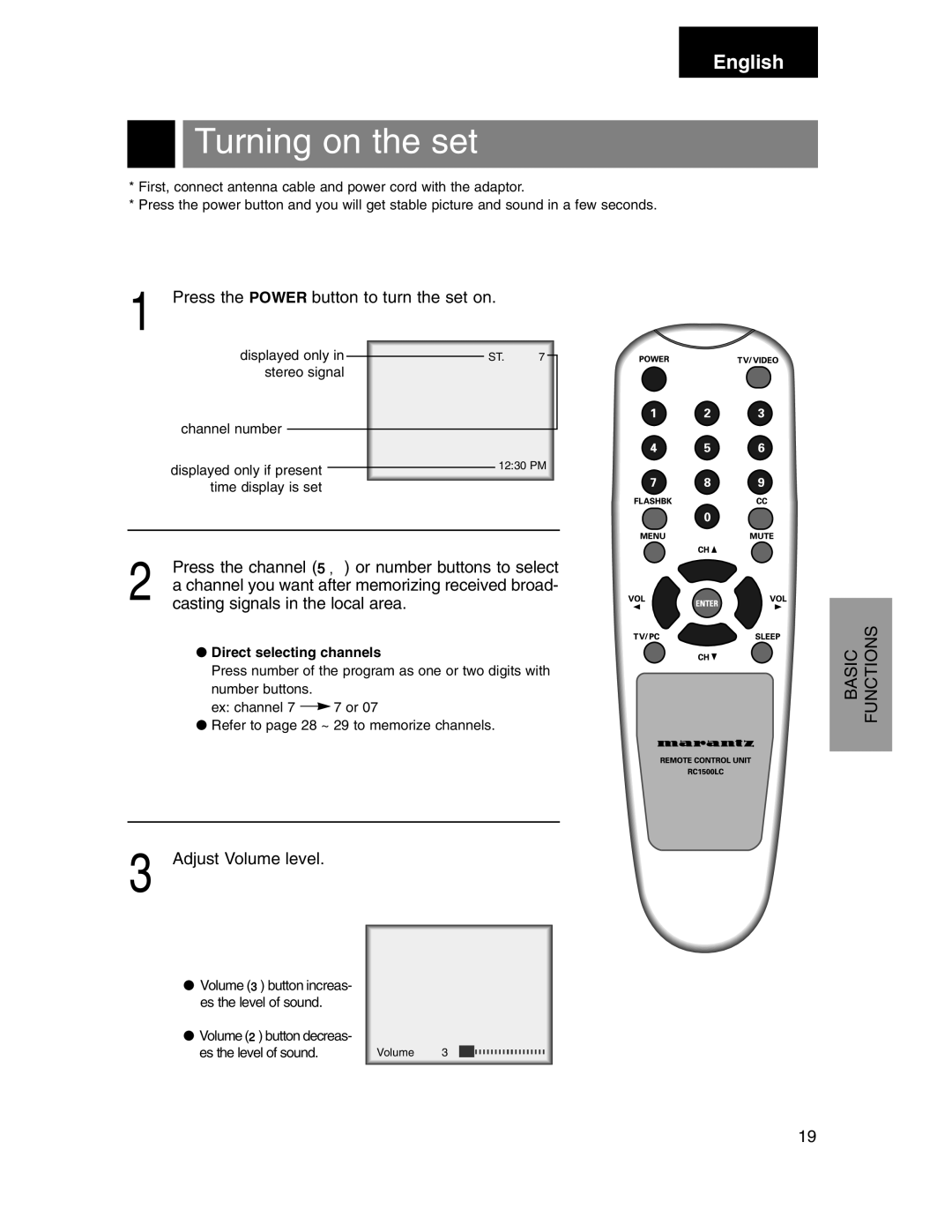 Marantz LC1510 manual Turning on the set, Press the Power button to turn the set on, Casting signals in the local area 