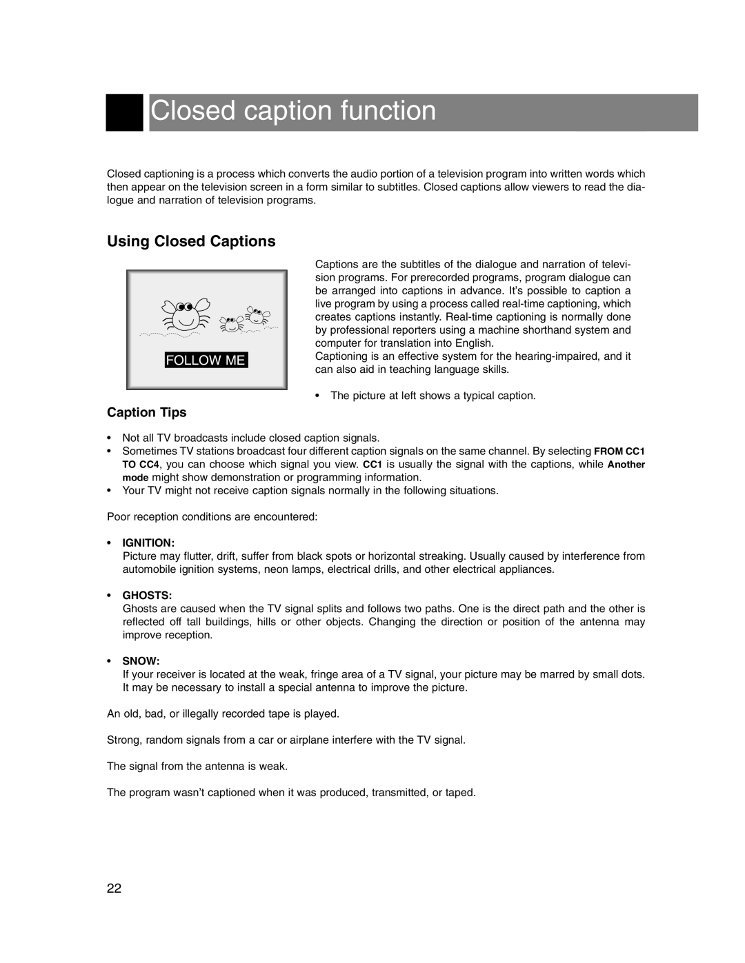 Marantz LC1510 manual Closed caption function, Using Closed Captions 