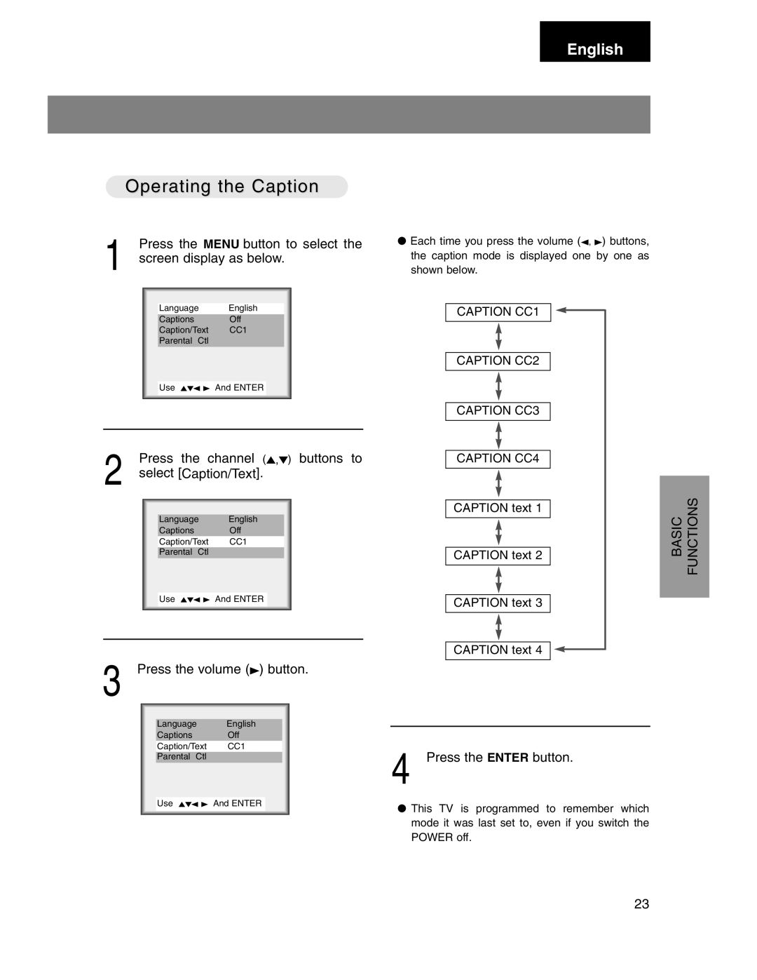 Marantz LC1510 manual Operating the Caption, Press the Menu button to select, Press the volume 3 button 