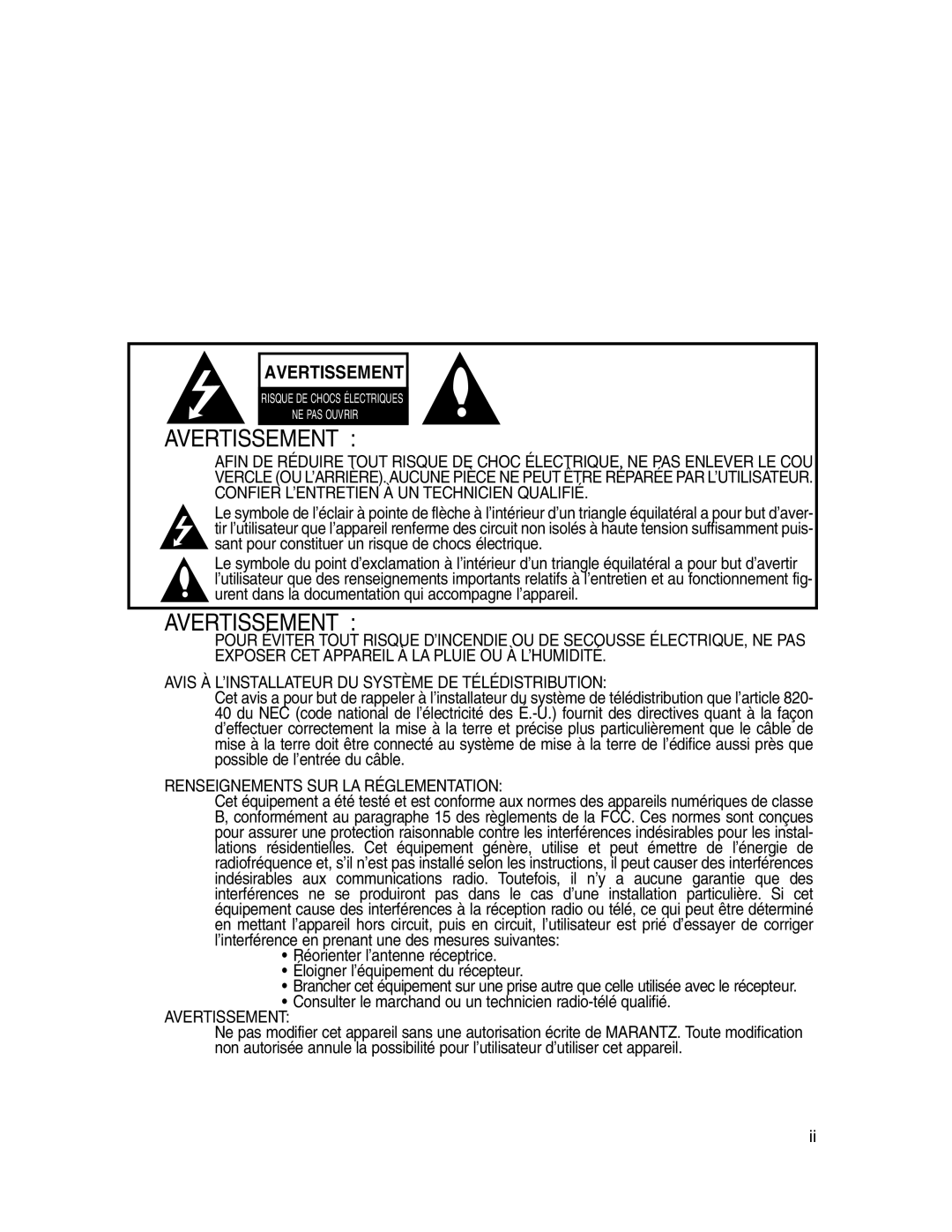 Marantz LC1510 manual Avertissement 