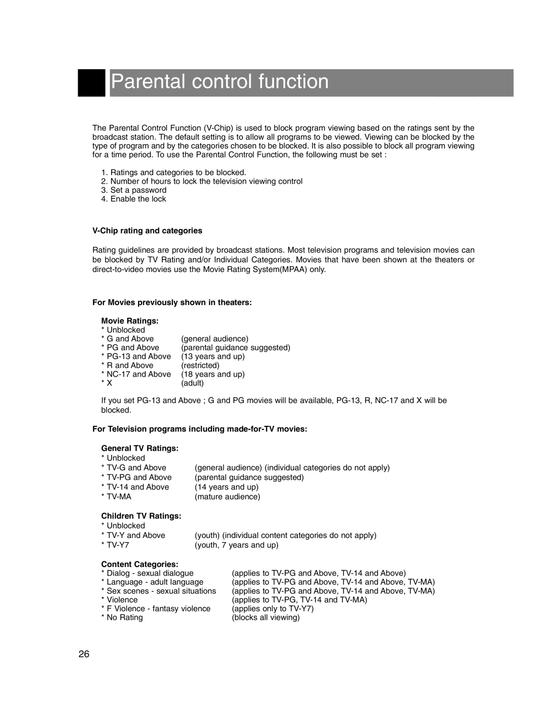 Marantz LC1510 manual Parental control function, Chip rating and categories 