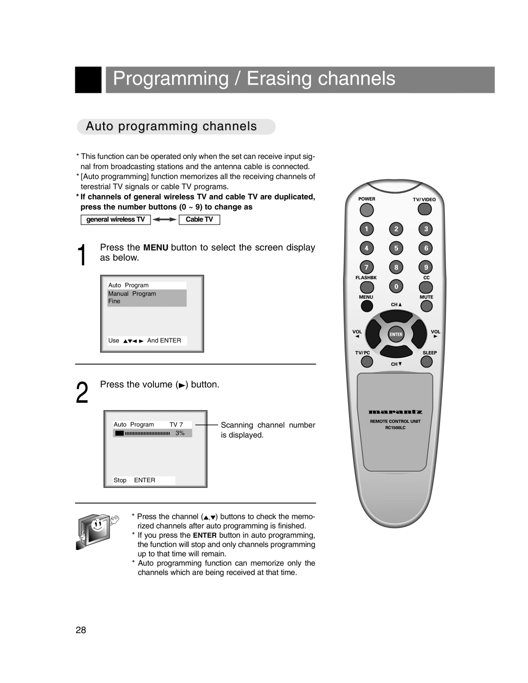 Marantz LC1510 manual Programming / Erasing channels, Auto programming channels, As below 