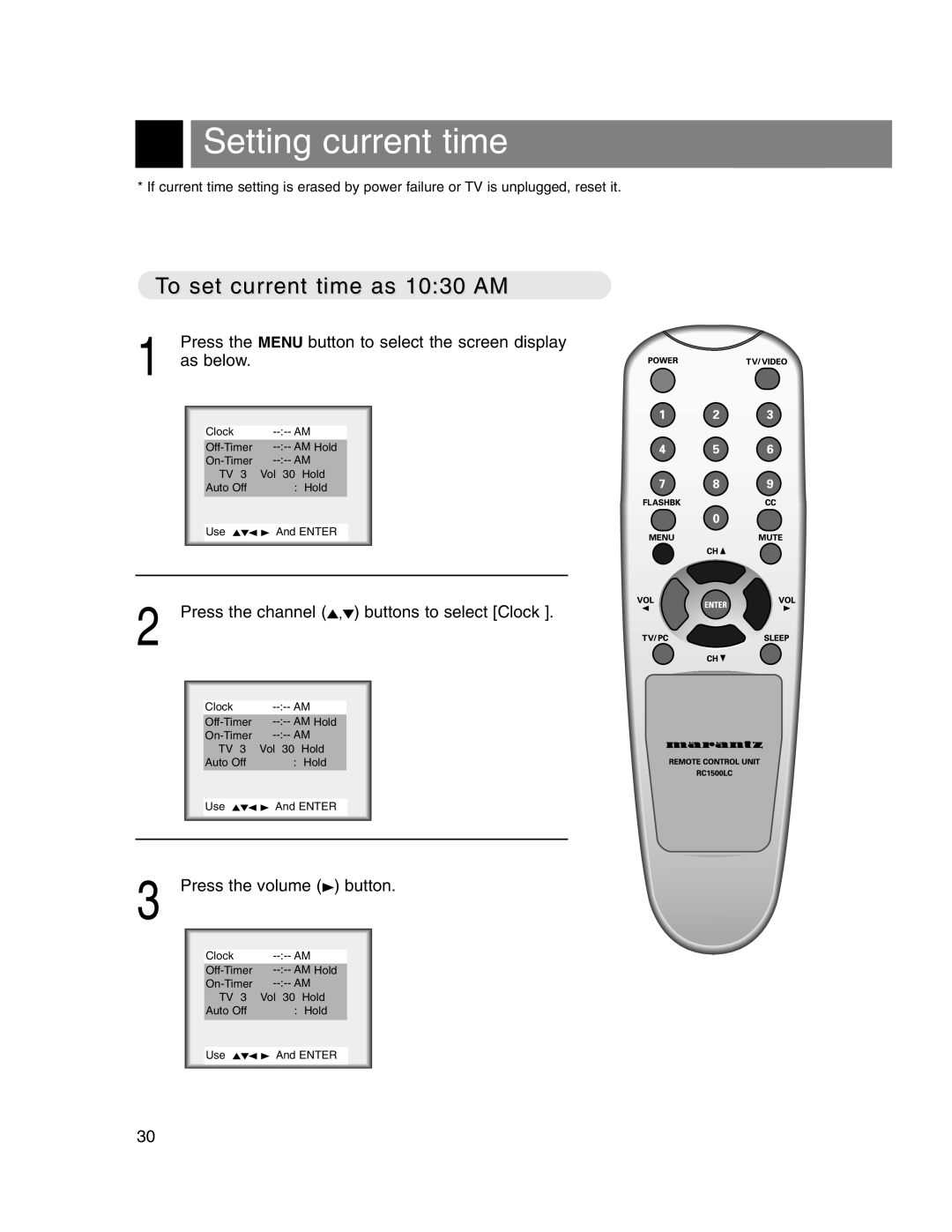 Marantz LC1510 manual Setting current time, To set current time as 1030 AM, Press the channel 5,∞ buttons to select Clock 