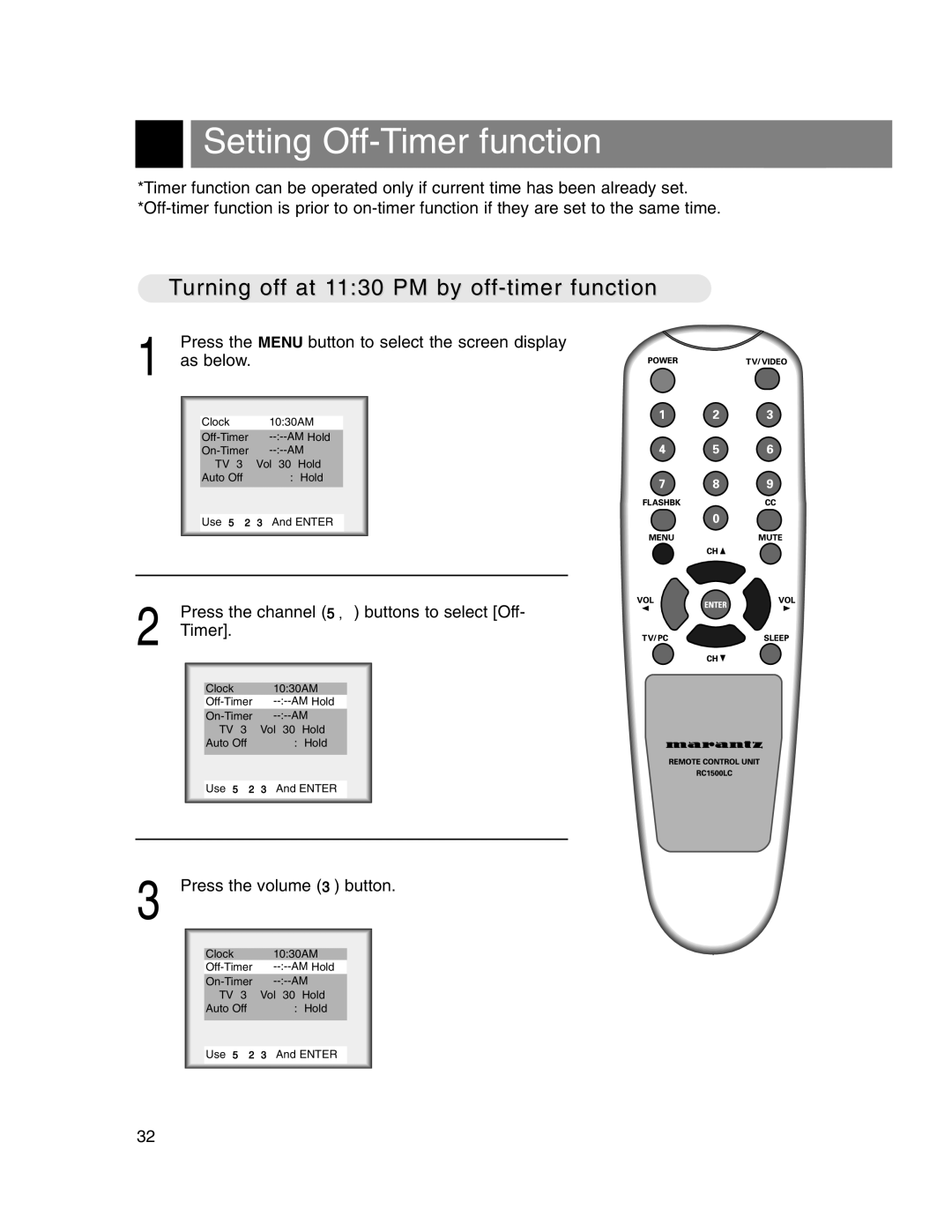 Marantz LC1510 manual Setting Off-Timer function, Turning off at 1130 PM by off-timer function 