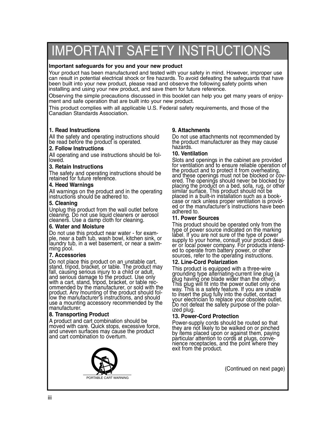 Marantz LC1510 manual IMPORTANTLeft masterSAFETYpage Instructions, All operating and use instructions should be fol- lowed 