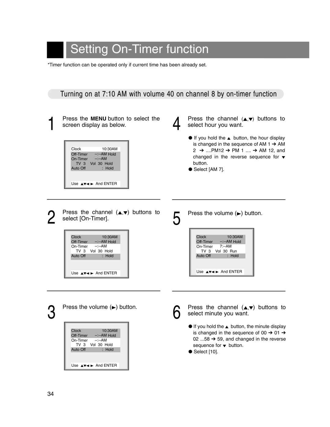 Marantz LC1510 manual Setting On-Timer function, Press the channel 5,∞ buttons to select minute you want 