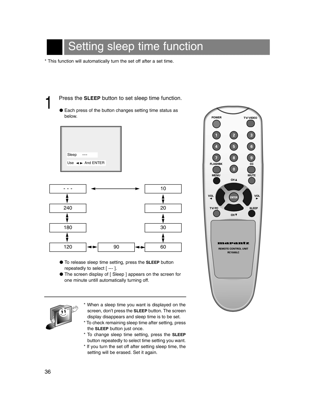 Marantz LC1510 manual Setting sleep time function, Press the Sleep button to set sleep time function 