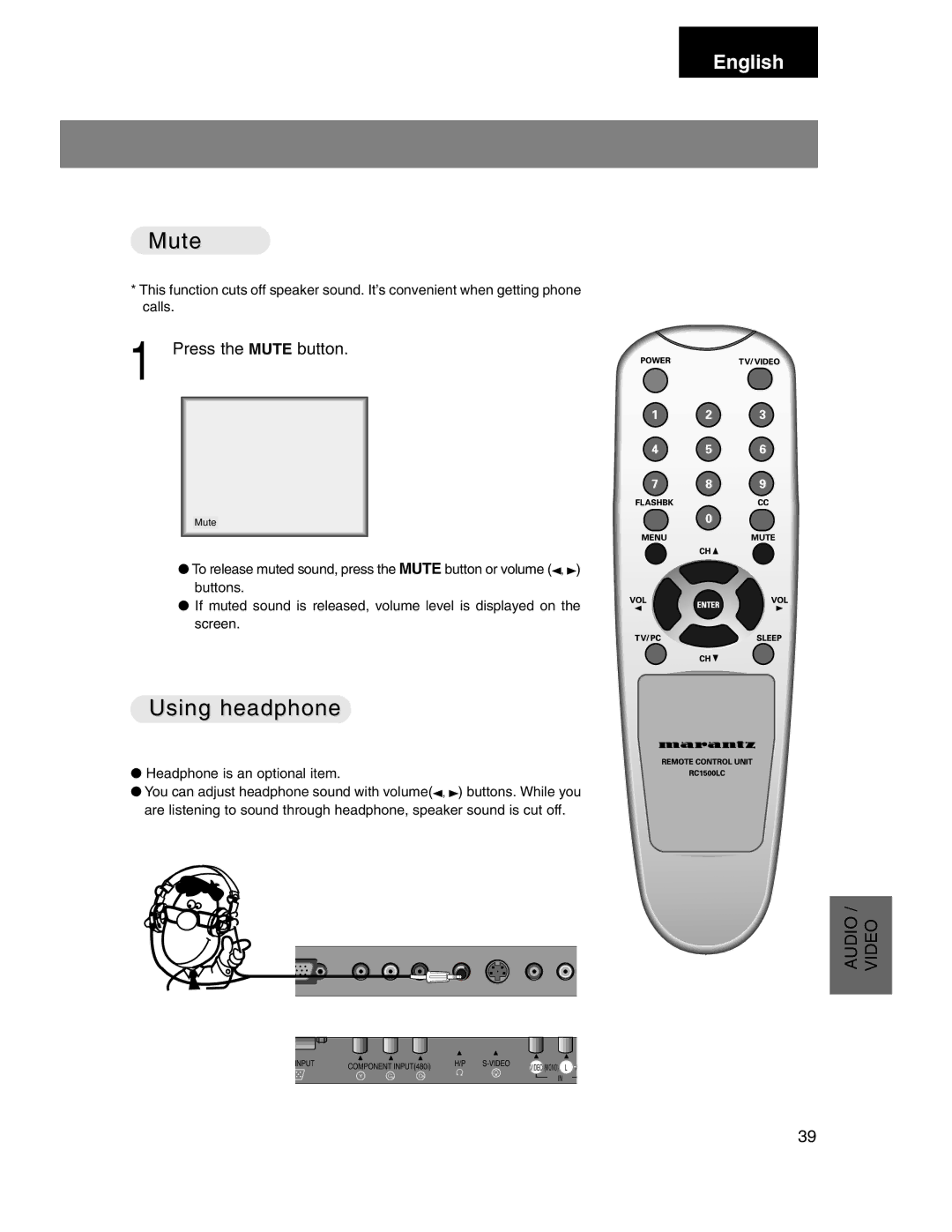 Marantz LC1510 manual Using headphone, Press the Mute button 
