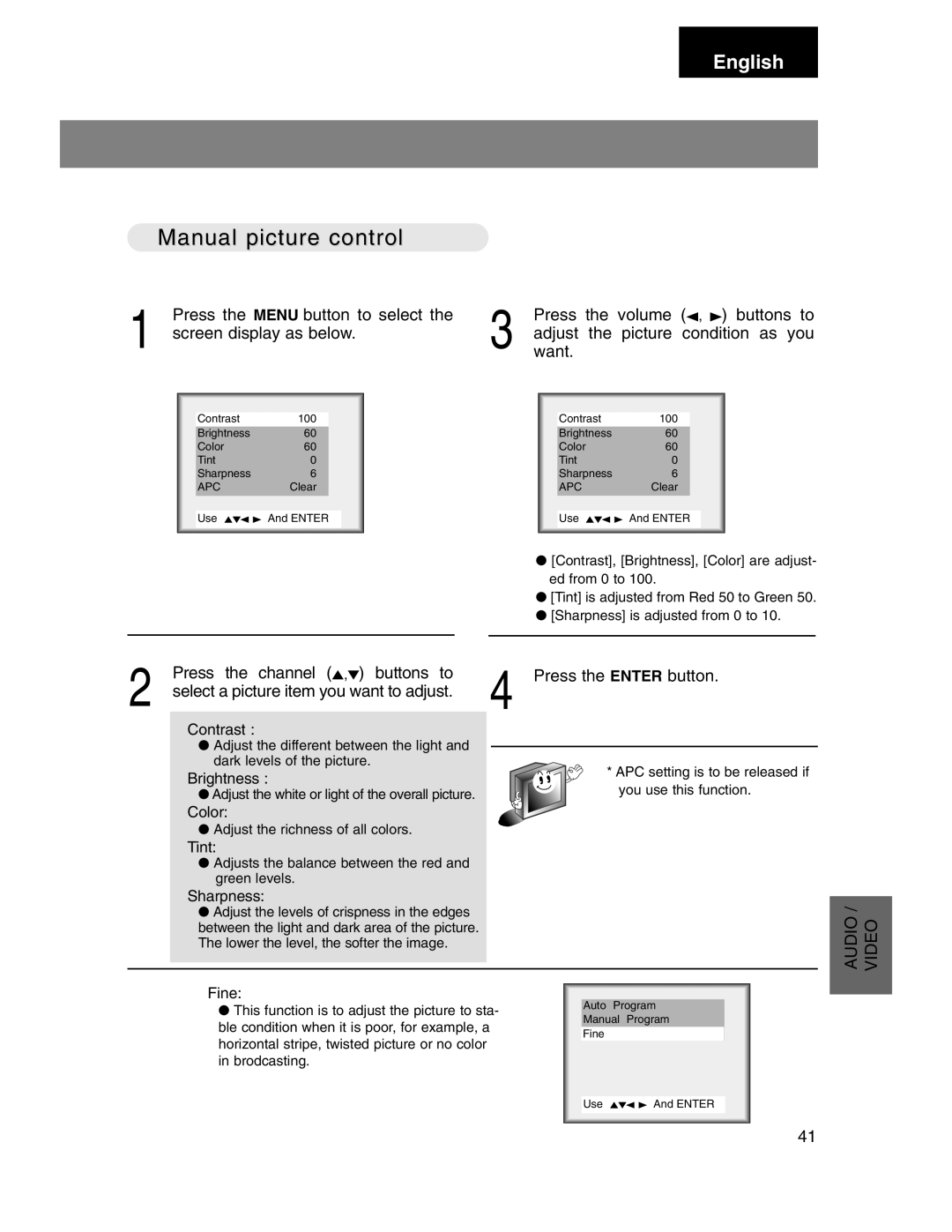 Marantz LC1510 Manual picture control, Picture Condition as you, Press the channel 5,∞ buttons to Press the Enter button 