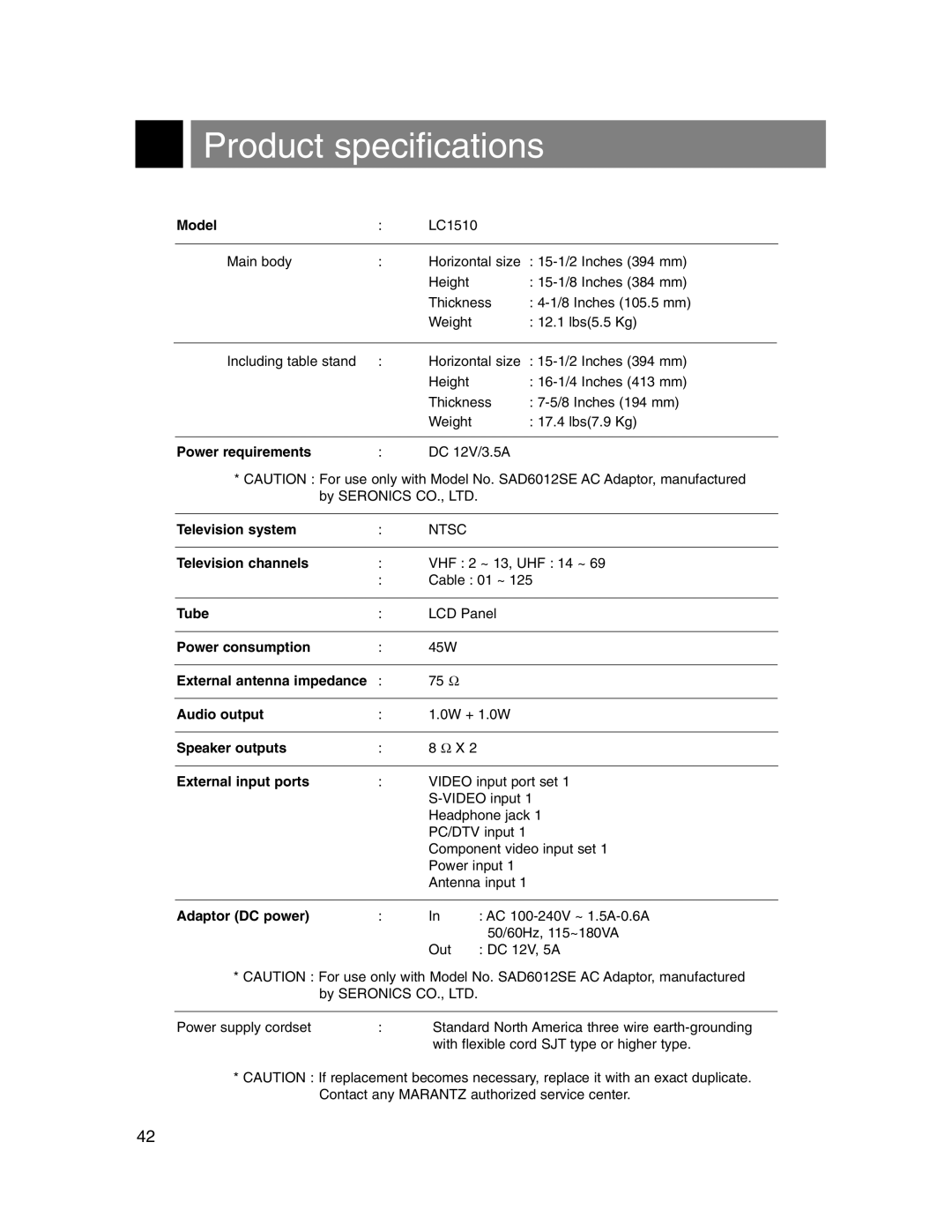 Marantz LC1510 manual Product specifications, Model 